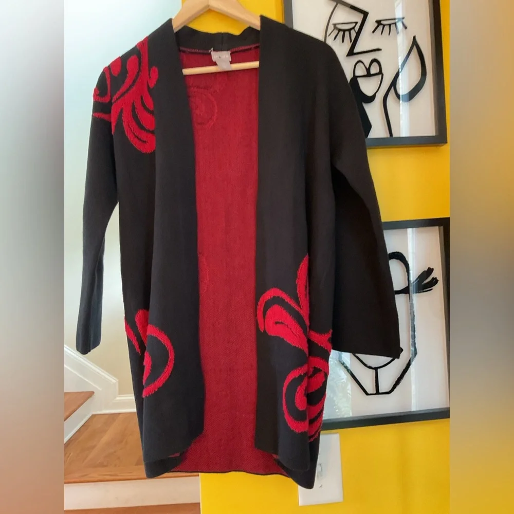 Chicos Red And Black Scroll-Detail Cardigan Size 4P NWOT - Picture 1 of 6